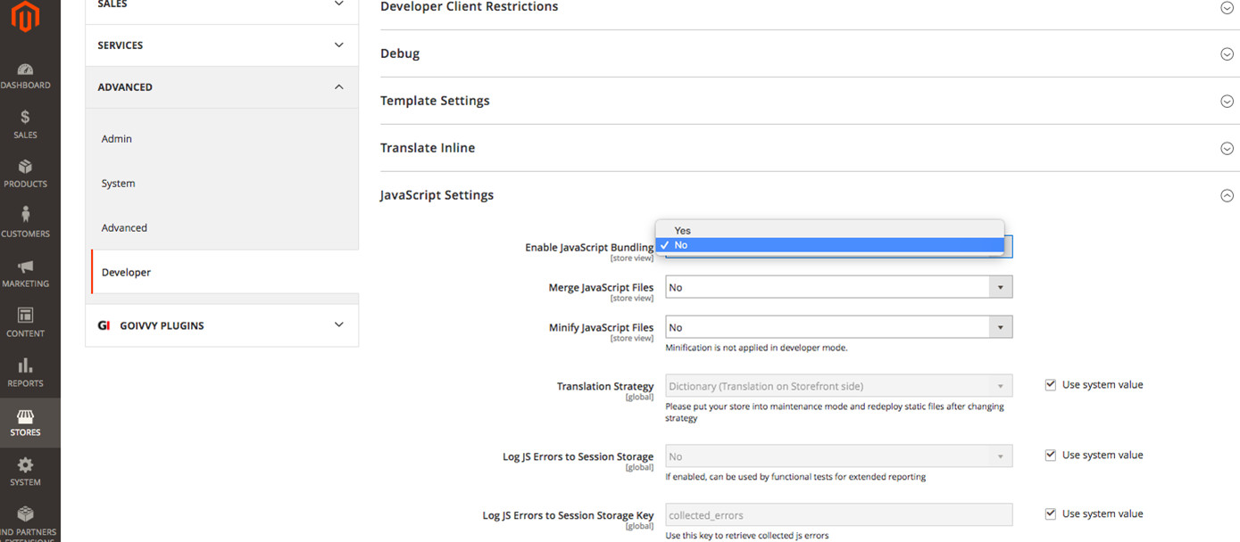 disable JS bundling setting in Magento 2