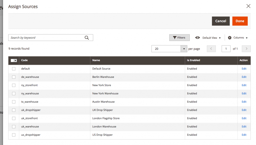 Assign sources manually per product in the catalog.